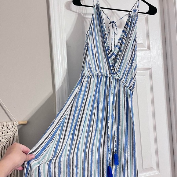 Blue Island - White & Blue Striped Halter Neck Tie Maxi Dress - Picture 3 of 7
